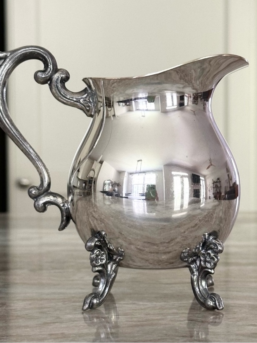 Vintage Sheridan Silver Plated Creamer Pitcher Ornate Flower Feet Lipped Spout